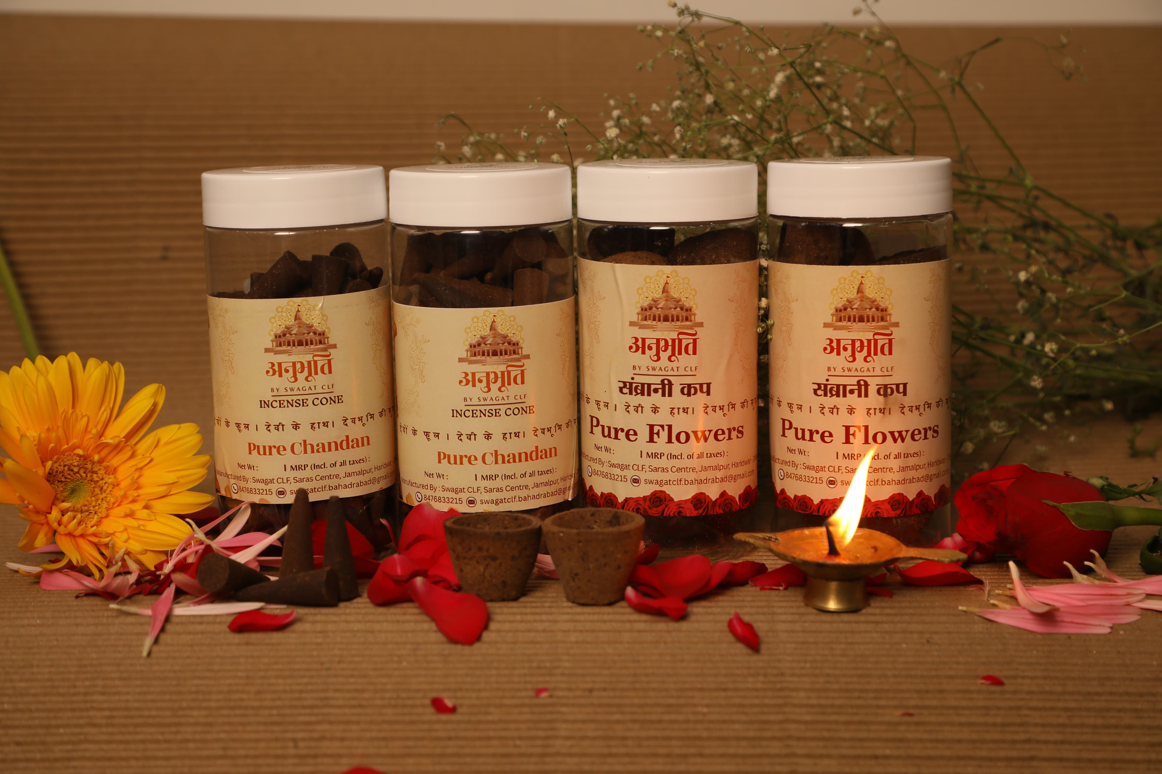 Amrit Dhara incense products made from recovered temple flowers