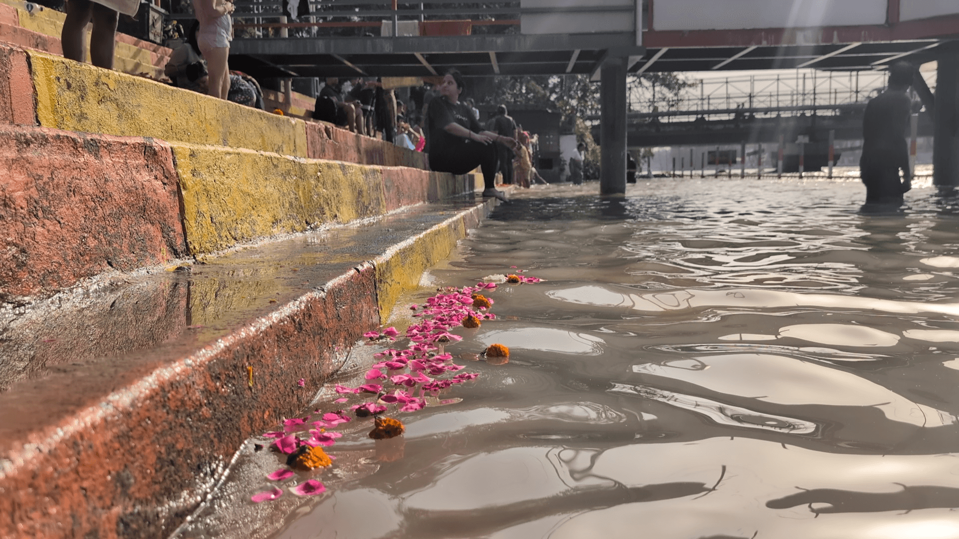 Sacred flowers floating by Haridwar ghats