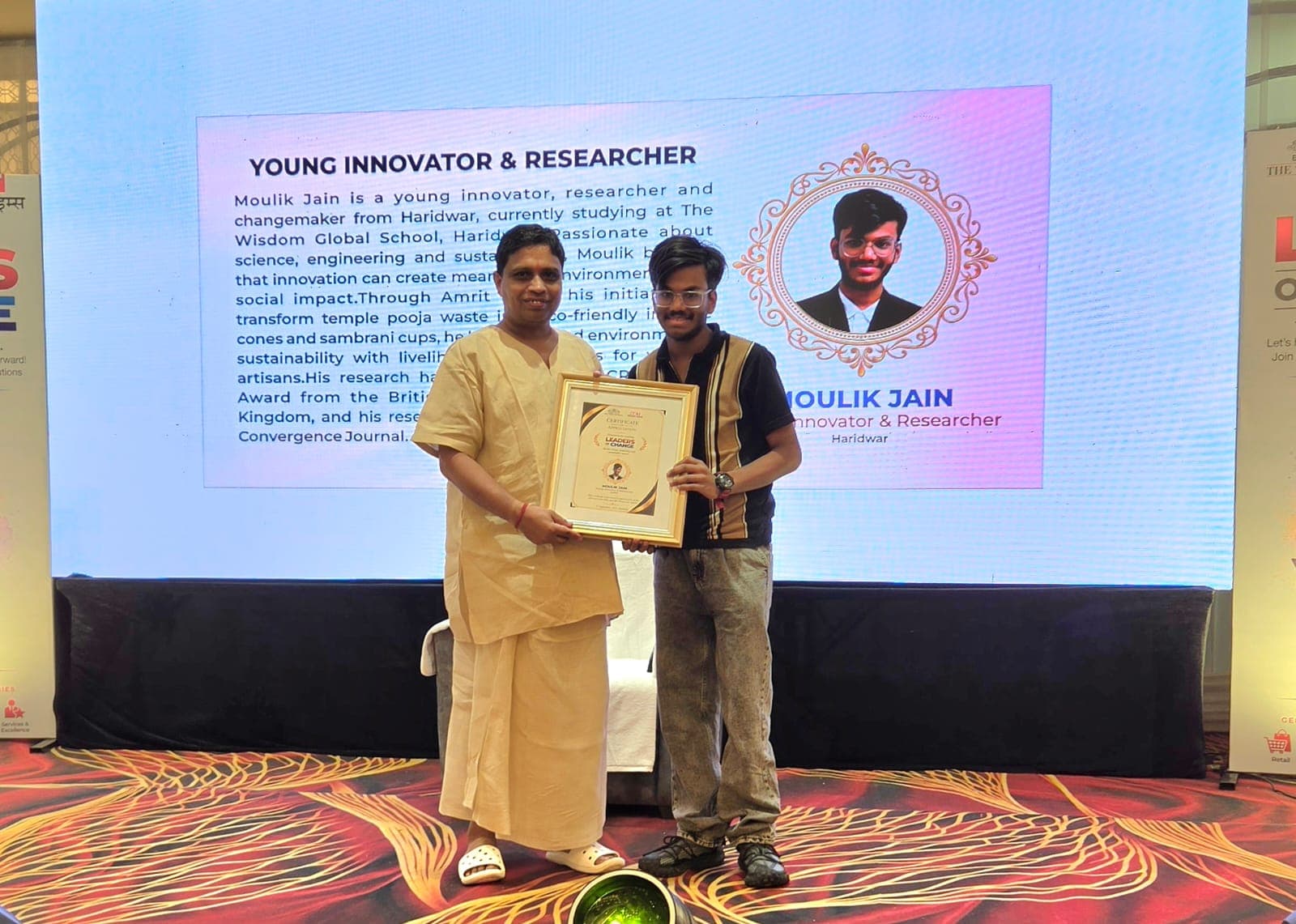 Moulik Jain receiving his Leaders of Change 2026 certificate at the Young Innovator & Researcher felicitation in Haridwar